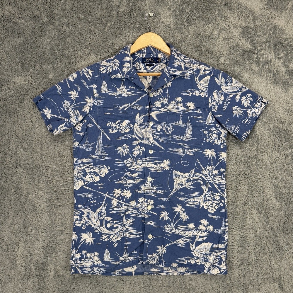 Polo Ralph Lauren Marlin Camp Shirt Mens M Classic Fit Linen Blend Loop Collar